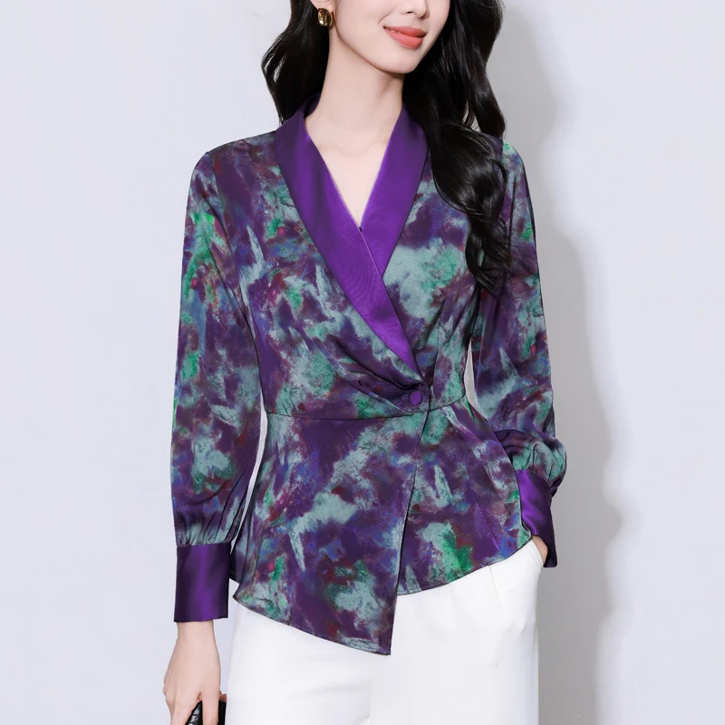 

Женские атласные блузки с длинным рукавом и асимметричным кроем, модные, простые, с принтом, 2026, элегантные, новый стиль, с V-образным вырезом, женские топы