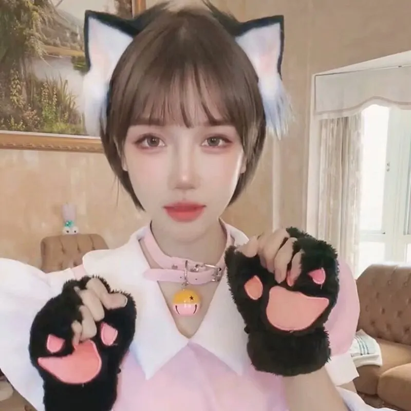 2Pcs Sets Cat Paw Gloves Winter Cute Cartoon Girl Open Finger Gloves Bell Headband Fox Cat Ear Headwear