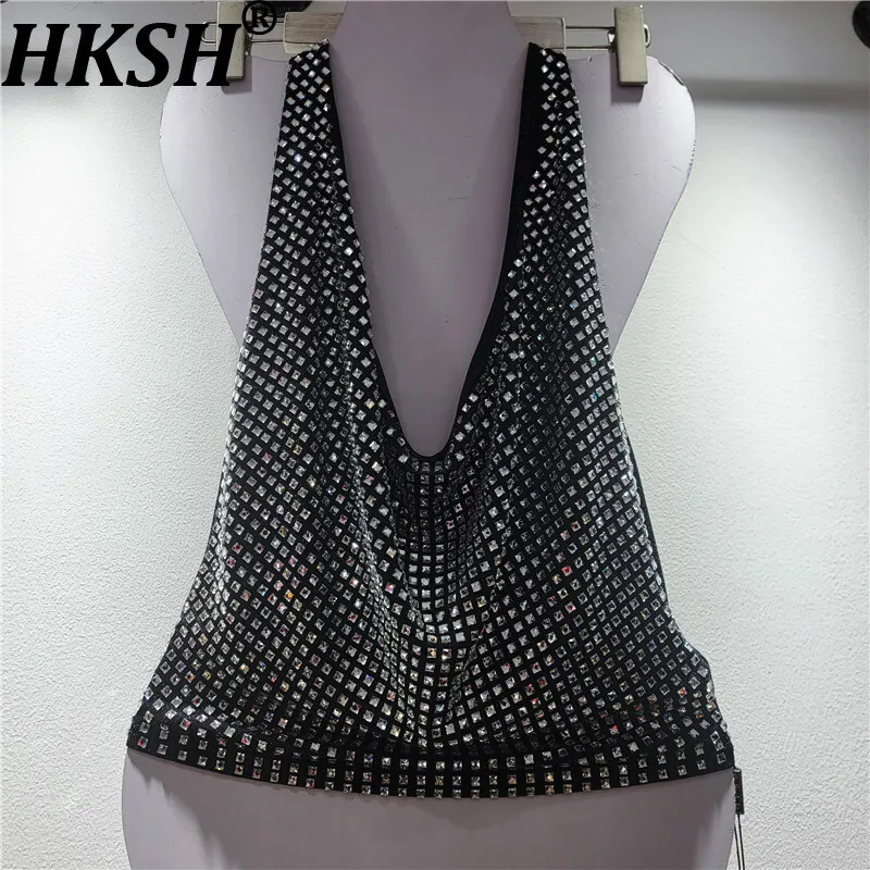 

HKSH Новый летний женский жилет с лямкой на шее и открытой спиной, тяжелый ремесленный тренд с шипами и бриллиантами, элегантный шикарный сексуальный топ на бретелях HK15999