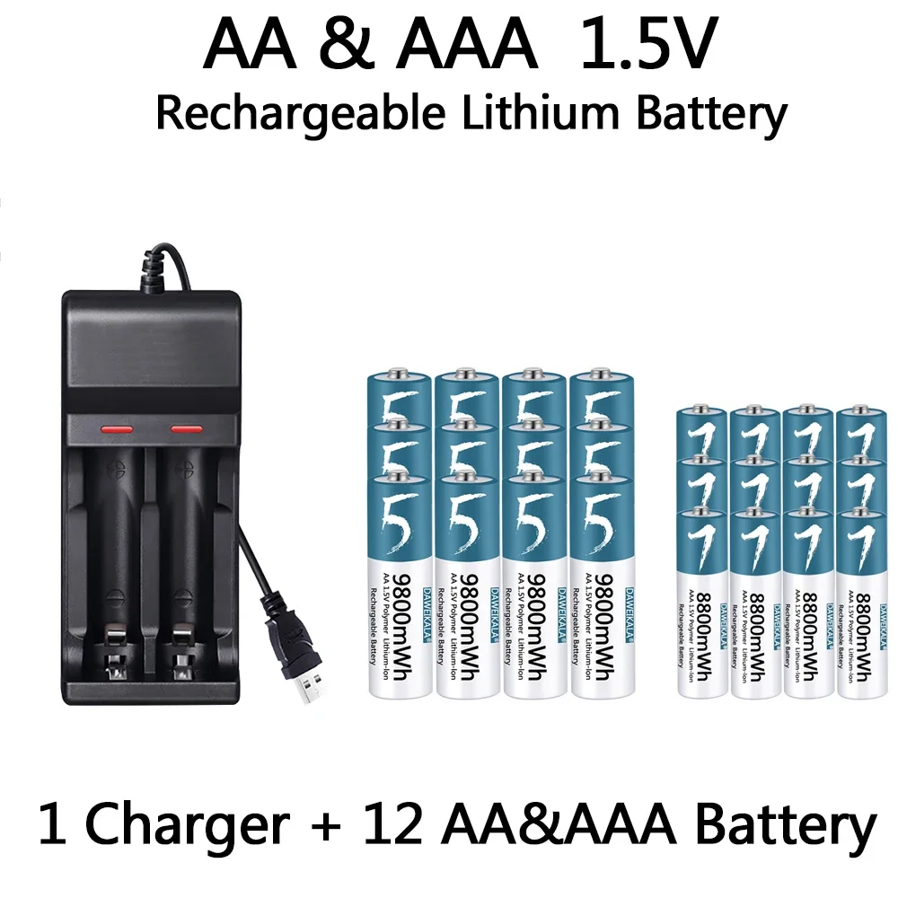 

100% оригинальные аккумуляторы AA/AAA 1.5V, перезаряжаемые литий-ионные полимерные батареи 1.5V AA/AAA с USB-зарядкой.