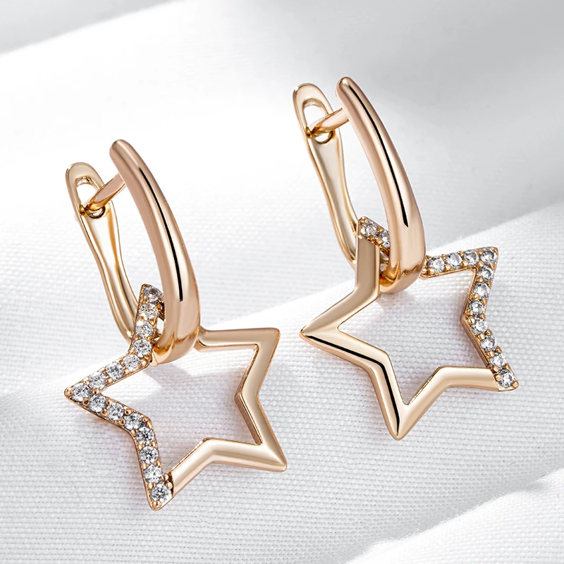 Kinel Hot Fashion Glossy 585 Gold Color Star Dangle Earrings For Women Paved Natural Zircon Accessories Daily Fine Jewelry