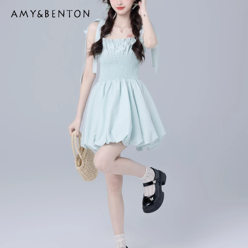 

2024 New Commuter Summer Sleeveless Light Blue Suspender Strap Waist Thin Fashion and Versatile Mini Dress For Girls