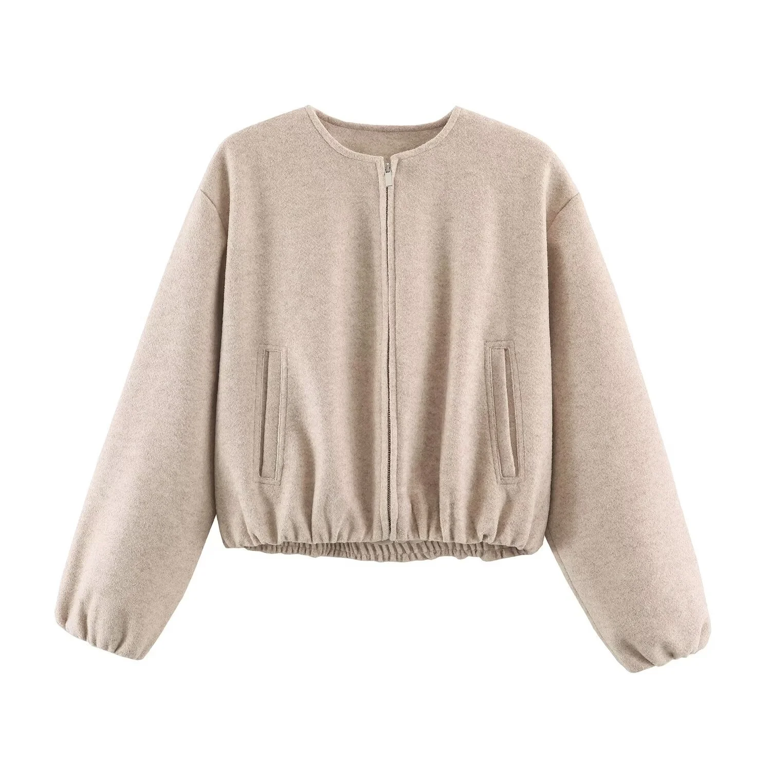 BSAY 2026 Herbst Neue Damen Rundhals-Reißverschluss-Cropped-Bomberjacke Langarm Elastischer Saum Tasche Locker Lässige Kurze Oberbekleidung – Detail 3