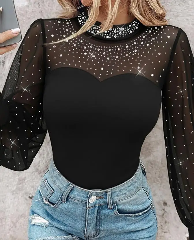 

Temperament Rhinestone Decor Mock Neck Lantern Sleeve Sheer Mesh Spliced Tee Women's Fashion Sexy Hollow-Out Back Slim Fit Top
