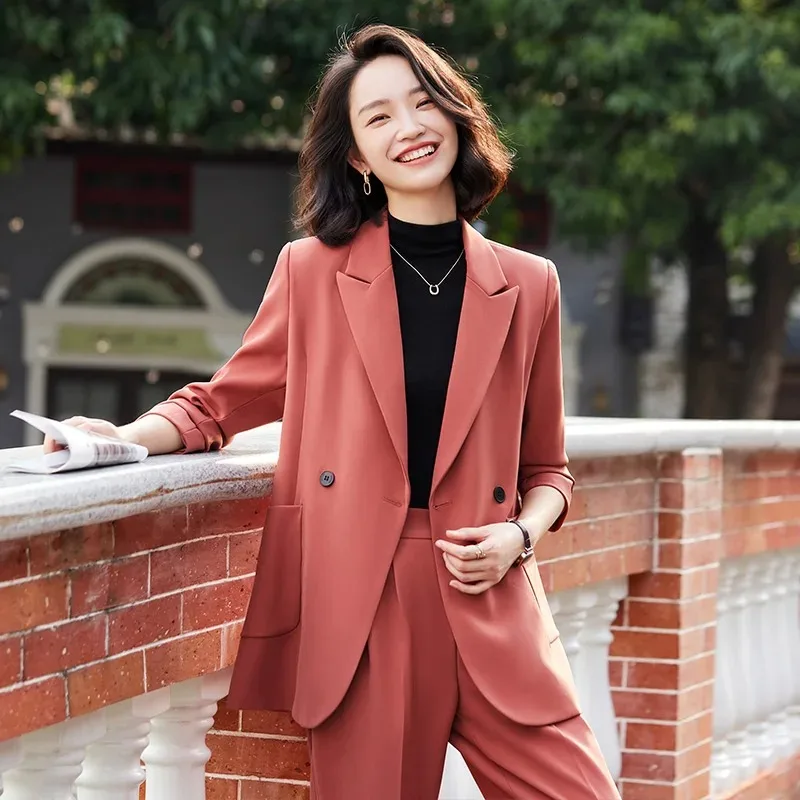 Insozkdg Spring Autumn Retro Casual Cropped Suit Wide-leg Pants Set Commuting Solid Color Loose Jacket Trousers Two-piece Sets