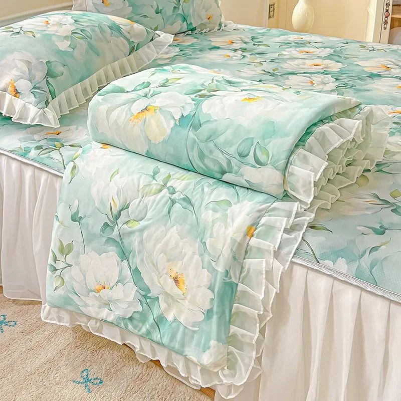 Sweet Floral printed Cool Summer blanket Lace and Ruffle Quilt for Home Skin-Friendly breathable air conditioner Comforters