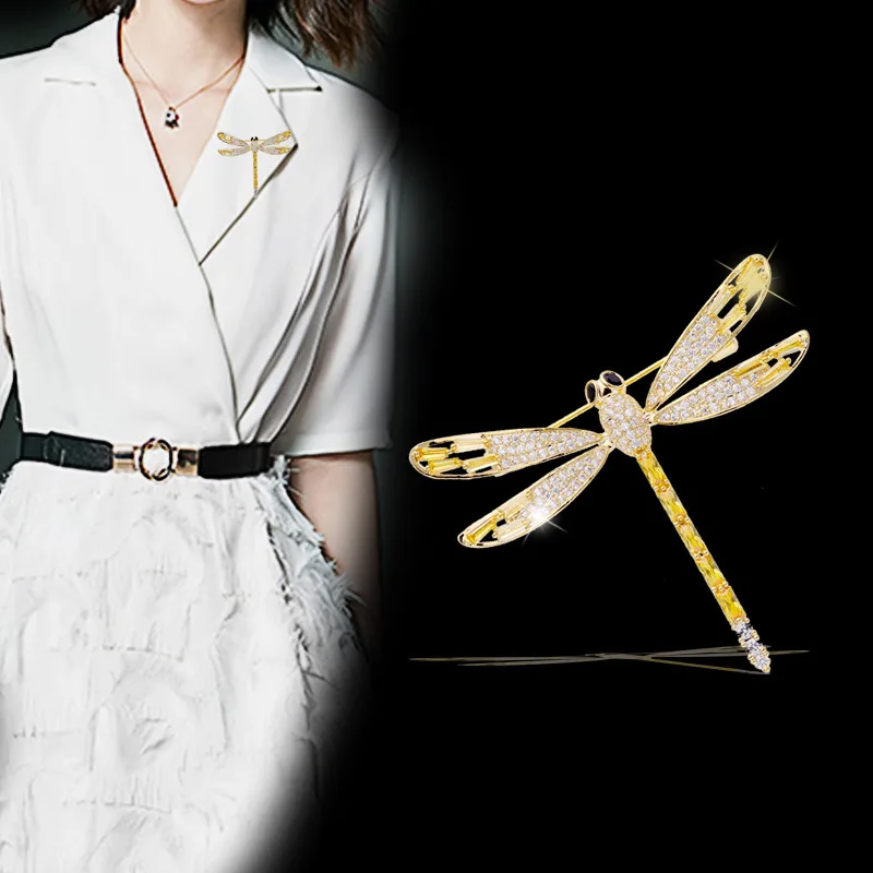 

New pink dragonfly brooch for women, T-shaped zircon crystal corsage, personalized and versatile insect silk scarf clasp pin