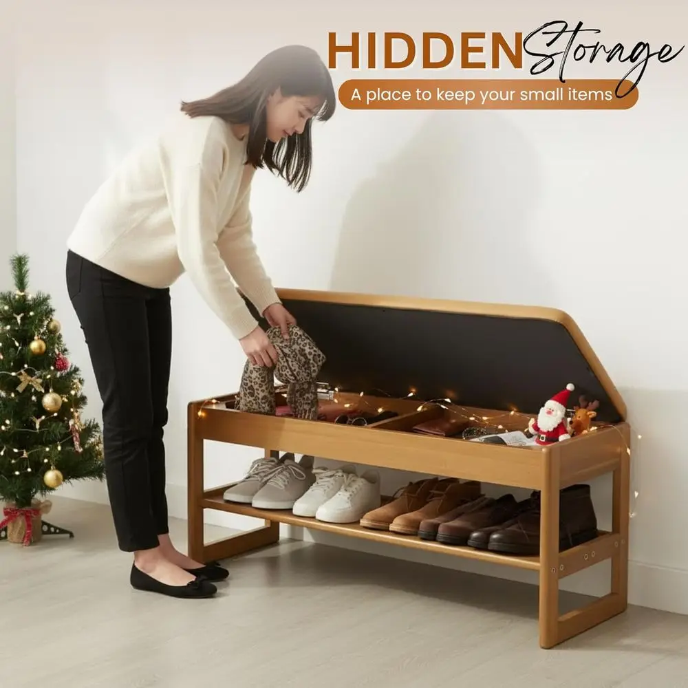 Acacia Wood Shoe Rack Bench with Cushion, 2-Tier Storage, Large 39.4 Entryway Organizer for Peru Color