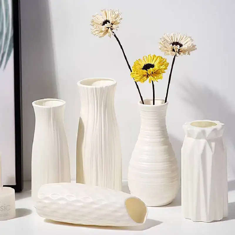 Nordic Flower Vase Imitation Ceramic Plastic Flower Vase Pot Home Living Room Desktop Decoration Wedding Flower Arrangement