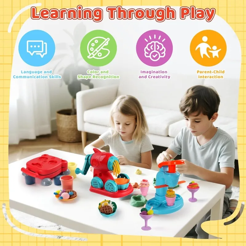 Zestaw do modelowania z kolorowej ciastoliny, zestaw do zabawy z kolorami, z urządzeniami do robienia makaronu i hamburgerów, zabawki do modelowania jedzenia dla chłopców i dziewczynek.