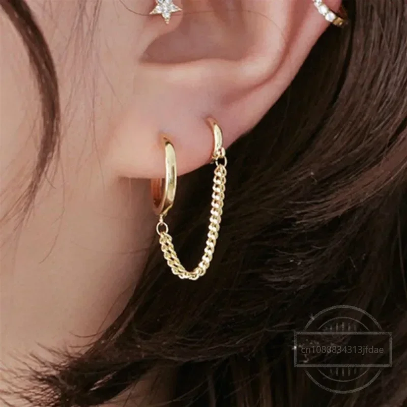Pendientes Punk con dos agujeros para mujer, Piercing de Color dorado y plateado, pendientes largos con borla y cadena, joyería de moda, regalos, 1 unidad