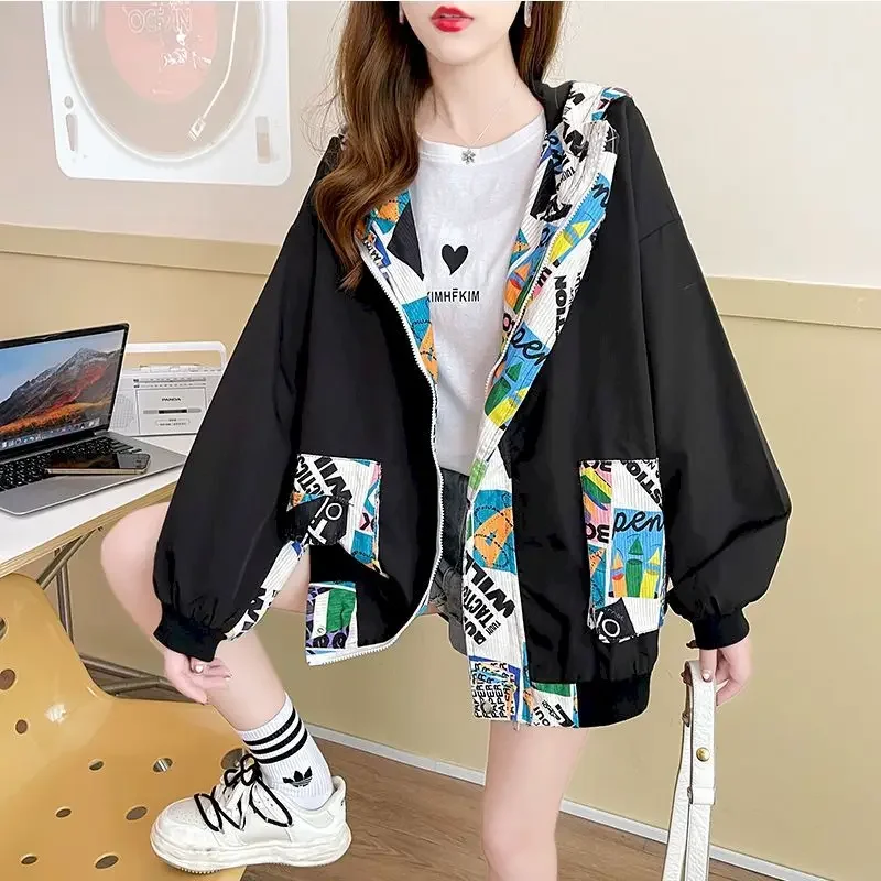 

Double Layer Hoodies Women Fashion Corduroy Hooded Jacket Spring Autumn Trend Loose Thin Coat Graffiti Zip Up Hoodie Y2k Clothes