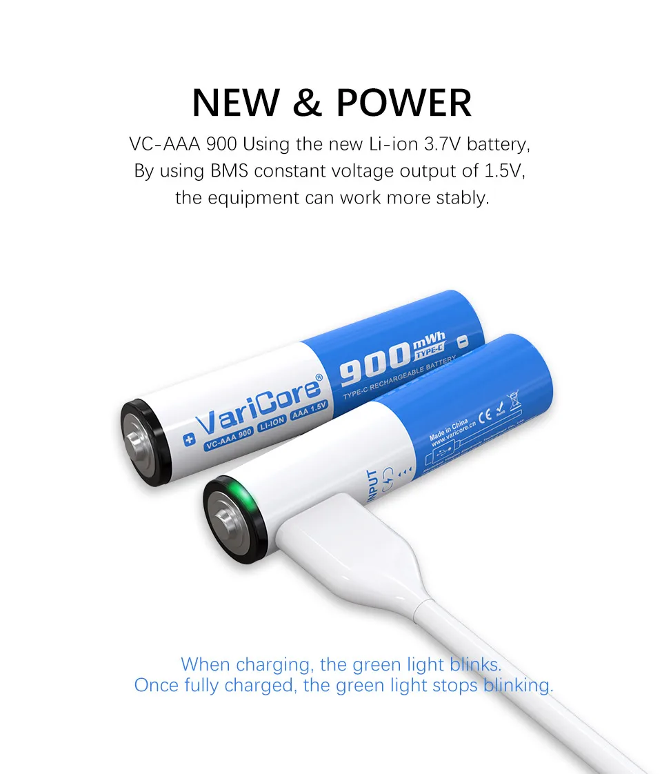 VariCore VC-AAA 리튬 이온 배터리(팁)/USB 유형 C 충전식/내구성/1.5V 전원 공급 장치/전압 배터리/대용량 900mWh