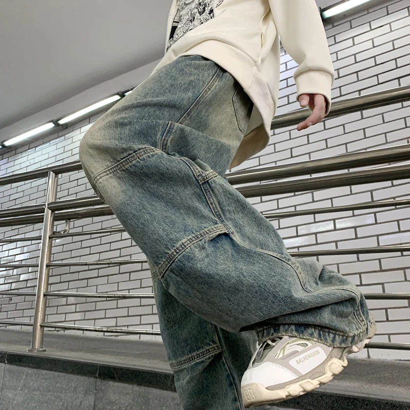 

Retro Blue Workwear Jeans Men's Autumnal American High Street Wide Leg Old Dad Pants Trendy Bell Bottom Long Trousers