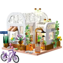 NEW MOC Flower Shop City Street View Creative House Flower Store Architecture Building Block Bricks LED Light Sets Toys Girls