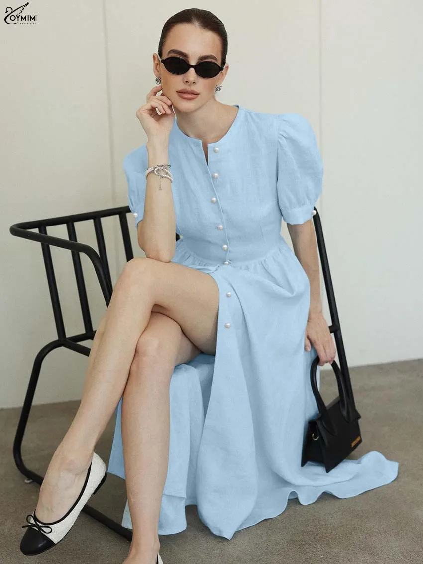 Oymimi Elegant Khaki Cotton Dresses 2025 Woman Autumn O-Neck Short Sleeve Single Breasted Dresses Fashion Lace-Up Mid-Calf Dress