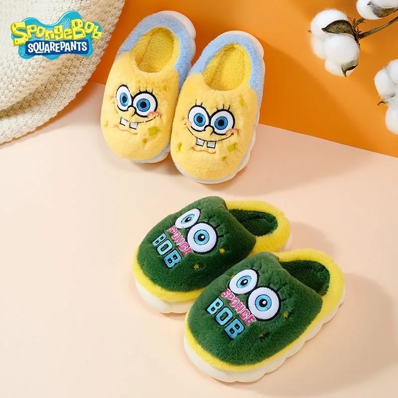 Anime Sponge Cute Bob Children\'s Thick Plush Slippers Kawaii Autumn Winter Warm Indoor Anti Slip Home Shoes Cartoon Cotton Shoes