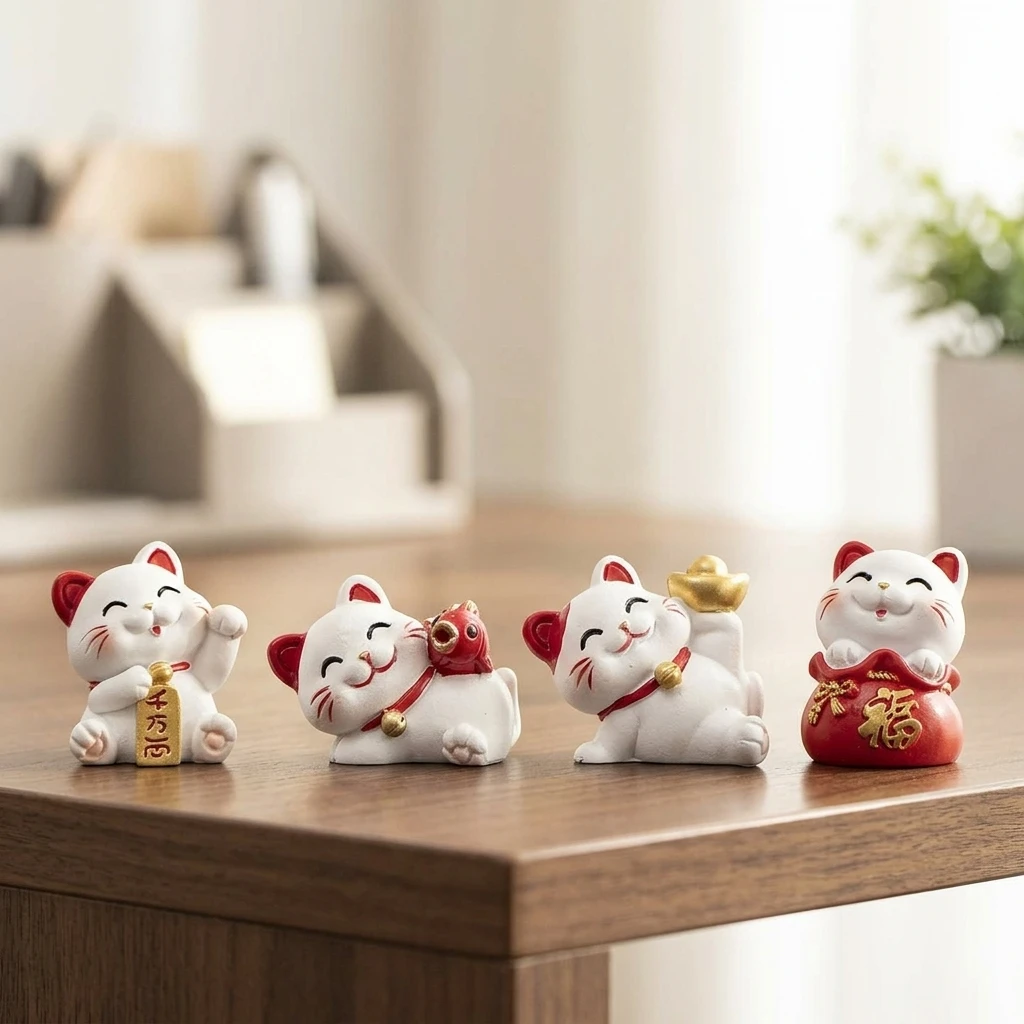 4pcs Lucky Cat Figurines Cute Resin Cat Office Desk Decorations Crafts Maneki Neko Fortune Statues Housewarming Gift Set