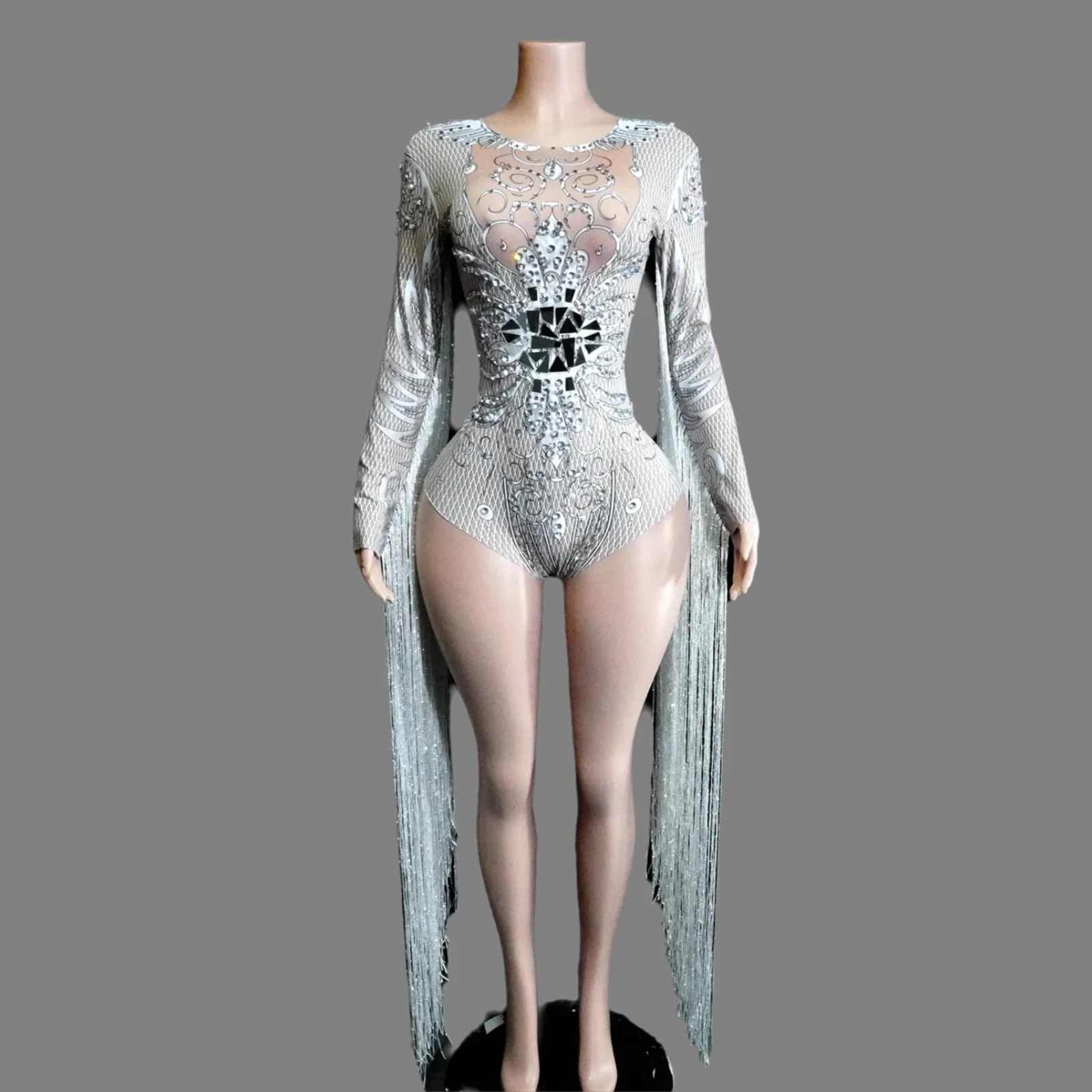 

Sexy Sparkly Mirror Rhinestone Fringed White Leotard Performance Stage Party Drag Queen Outfit Nightclub Rave Bodysuit Clothing