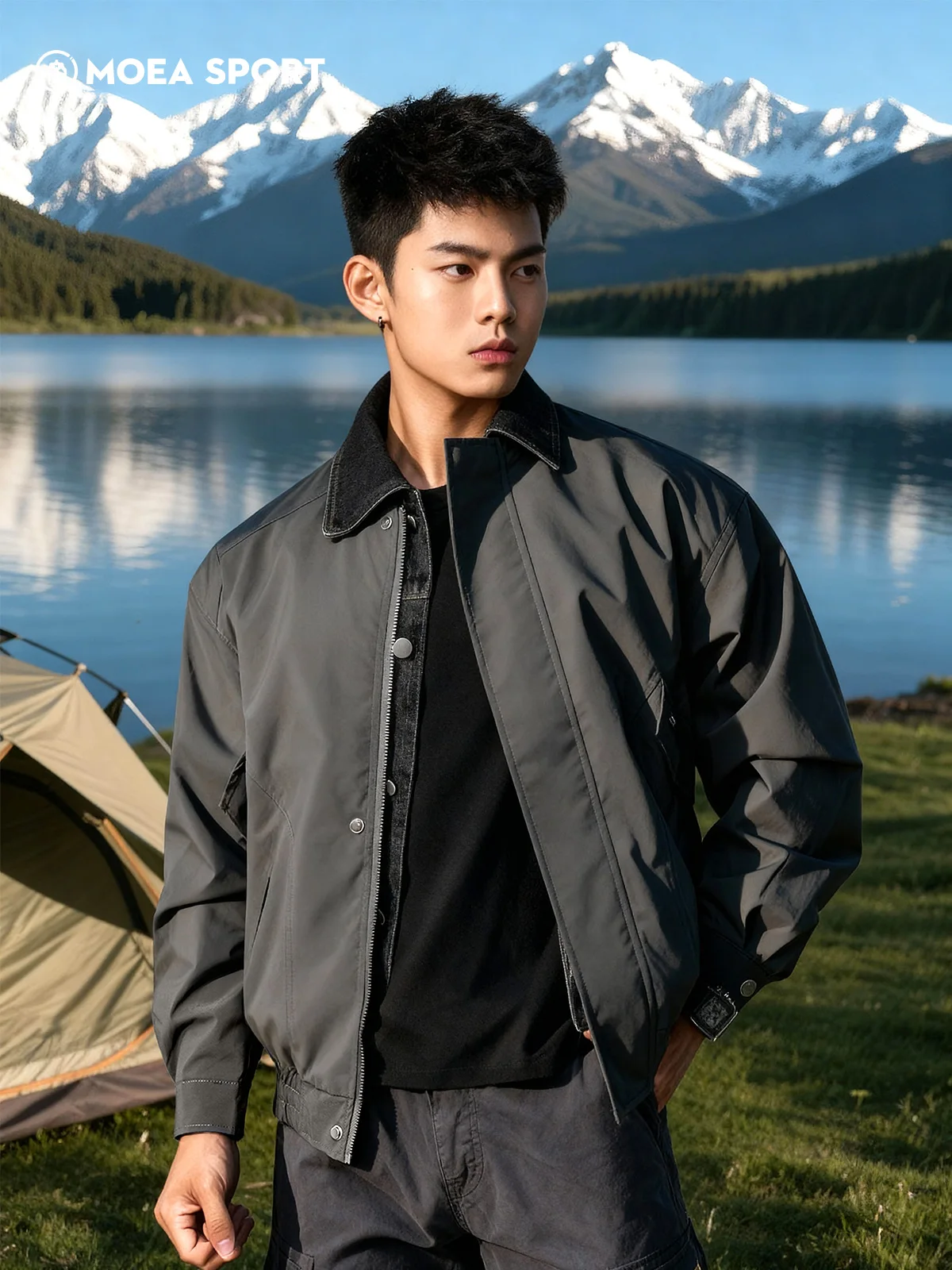 

Waterproof Men's Jaet Fake Two-Piece Denim Splicing Thin Spring Autumn Faionable Outerwear Casual Loose Fit Polyester Fiber