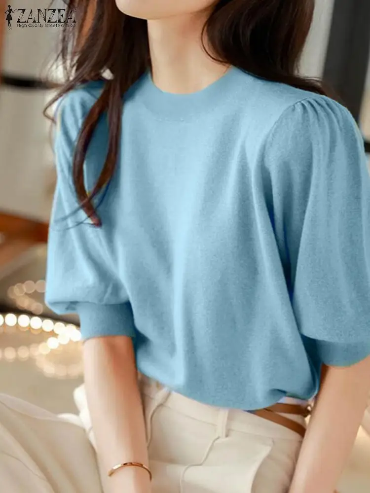 

Женская Повседневная Свободная рабочая рубашка ZANZEA, элегантные трикотажные топы, летняя однотонная блузка с круглым вырезом и коротким рукавом, модные женские блузки