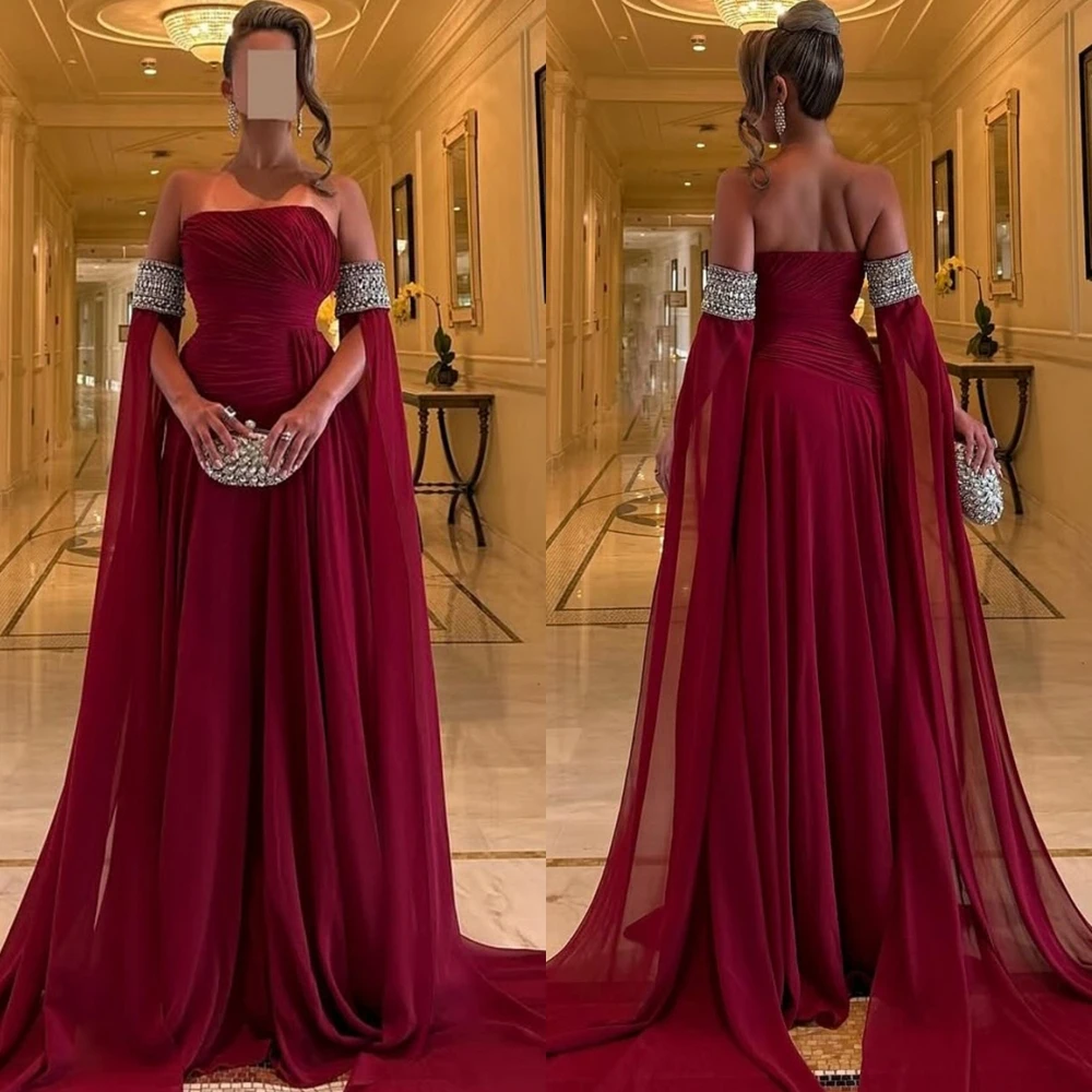 

Customized Graceful Red Organza Evening Dress Classic Strapless Sleeveless Party Dress Delicate Straight Court Train Prom Dress