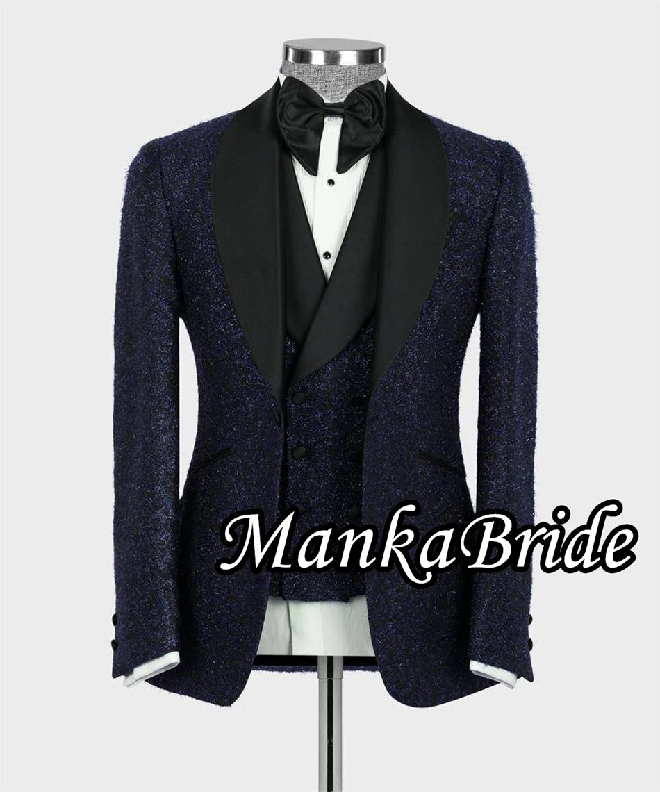 Traje azul marino con purpurina para hombre, esmoquin para novio de boda, 2 aberturas, Blazer, chaleco, pantalones, conjunto de chaqueta para fiesta, ocasión especial