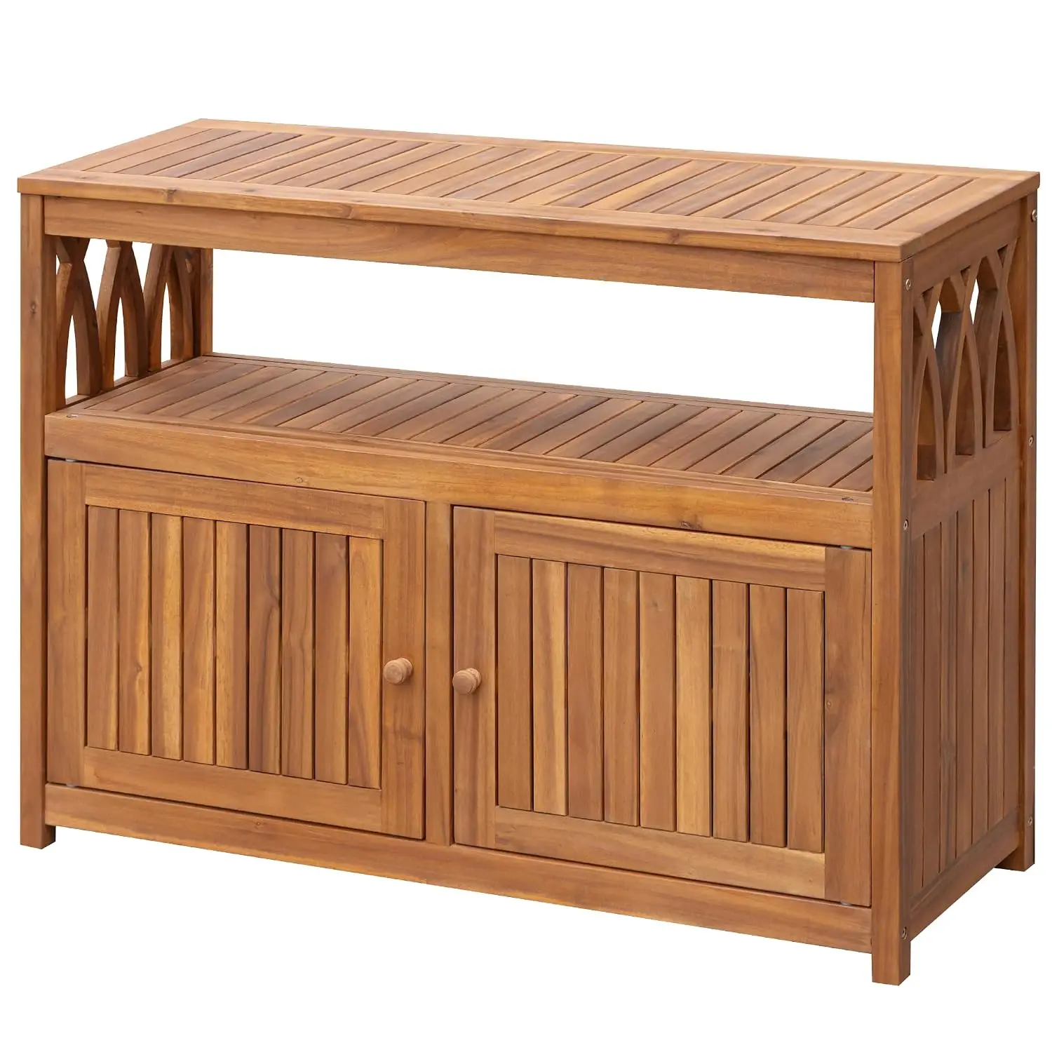 2-Tier Outdoor Storage Cabinet in Acacia Wood, with 2 Magnetic Doors, for Garden, Picnic, Buffet, TV Stand, or Bar Table, Brown