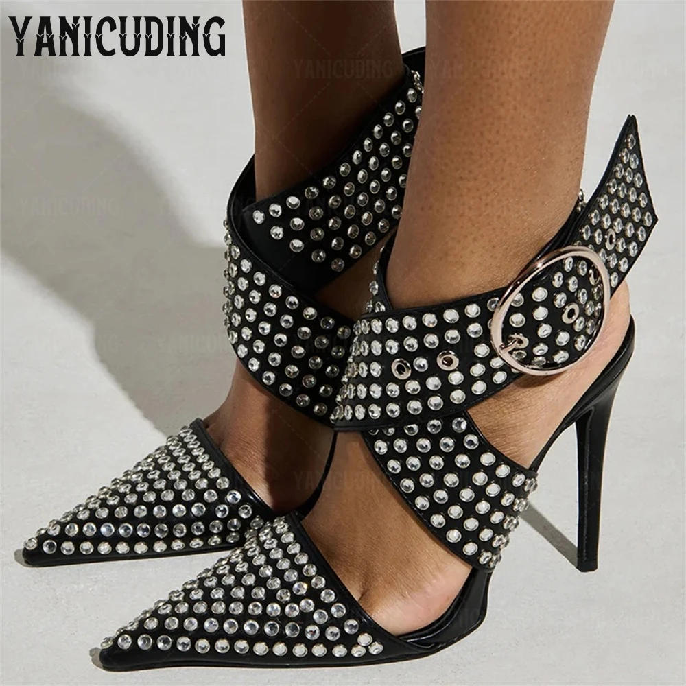 Black Rhinestone Belted Sandals Pointed Stiletto Heel Studded High Heels Luxurious Gemstone Studs Silver Metallic Buckle Sandals