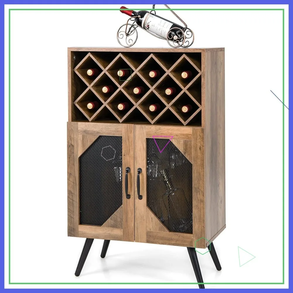 

Farmhouse Wine Bar Cabinet with 11-Bottle Rack, Storage Buffet, Anti-Tipping Design for Living Room in Brown & Black