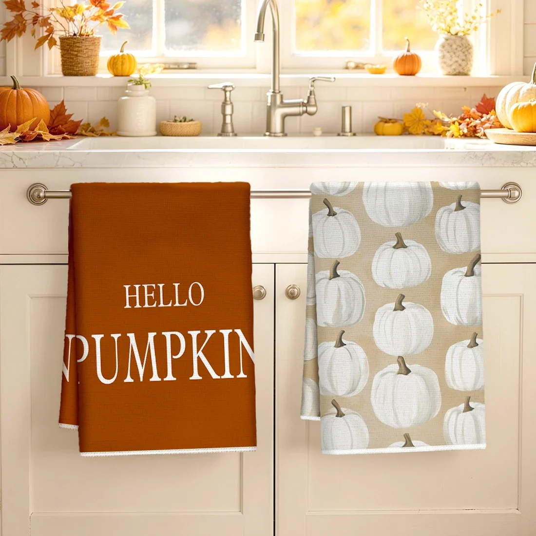 2pcs Set Kitchen Towels Autumn Themed Pumpkin PatternHand Towels Christmas Decorations For Home Noel Dish Towels Gifts