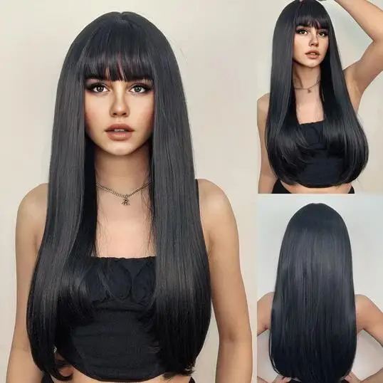 Best-selling fashion women's long straight hair with bangs high temperature silk mechanism synthetic fiber full head wig