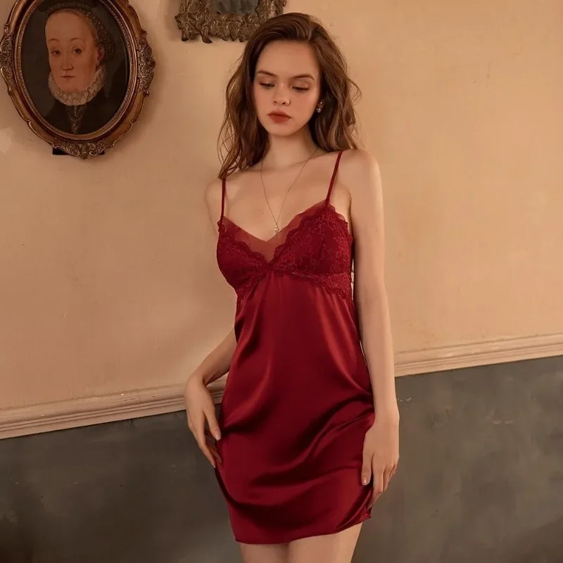 2024 Sexy Slip Nightdress Ladies Spring Summer Ice Silk Pyjamas Breast Pad Lace Sleepwear Solid Color V Neck Tulle Nightgown