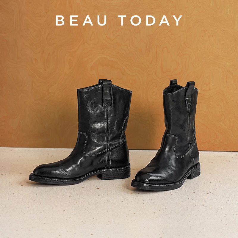BEAUTODAY Knight Boots Women Horse Leather Solid Color Western Boots Retro Round Toe Ankle Boots Ladies Shoes Handmade 06061