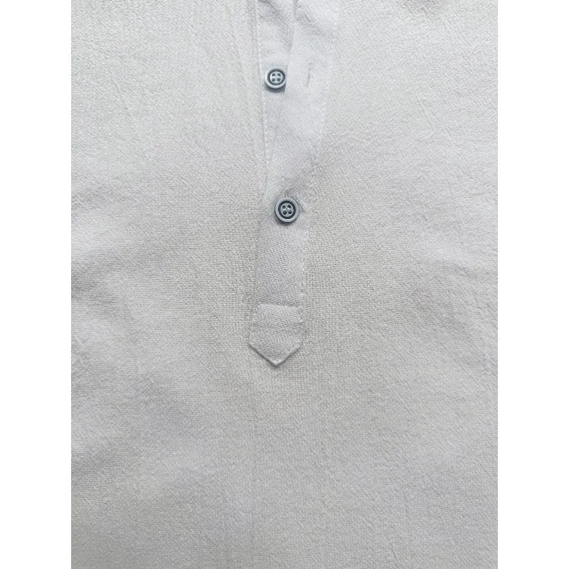 Men Cotton Linen Short-Sleeve Shirt with Stand Collar & Half-Button Placket - Casual Outdoor Leisure Wear for Spring and Summe view 6