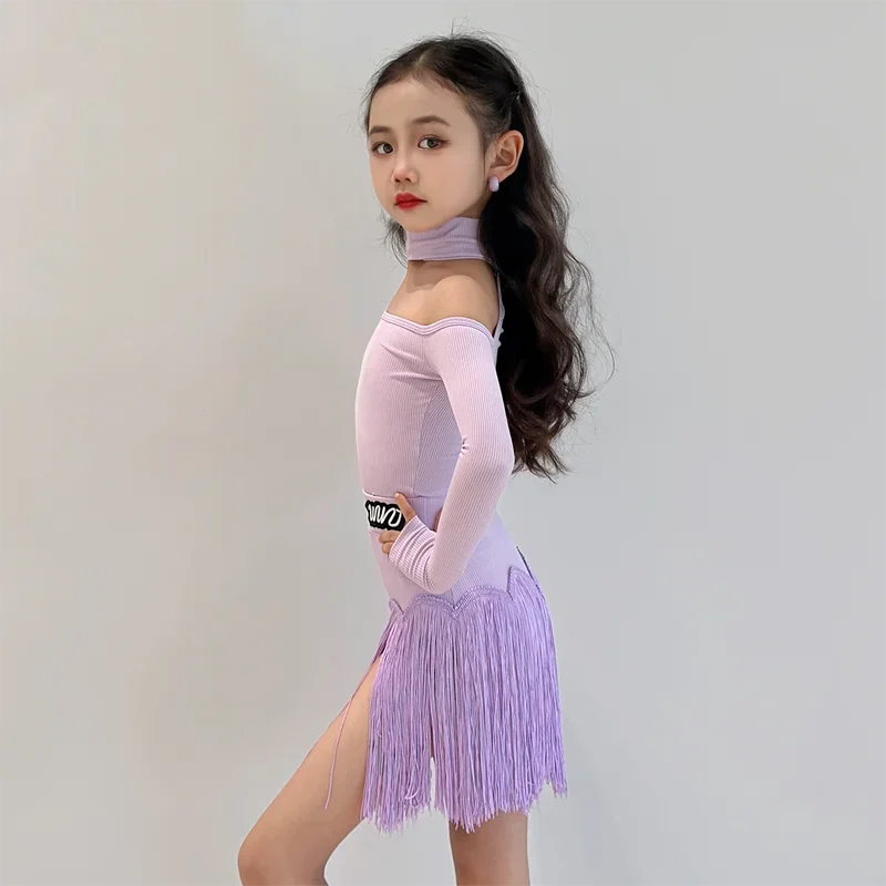 Kids Children Latin Dance Clothes 2025 Off Shoulder Purple Performance Suit Long Sleeve Bodysuit Fringe Skirt Girls Latin Outfit