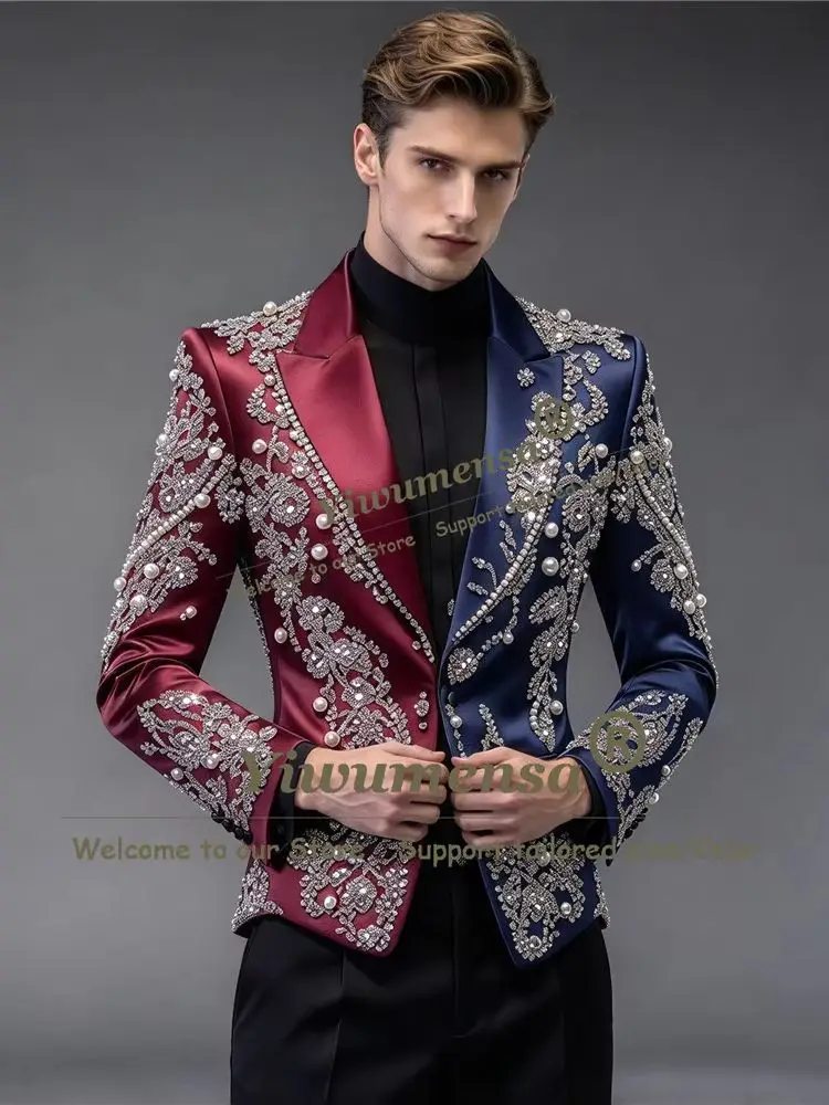 Asymmetrical Suits Men Brilliant Designer Splicing Satin Jacket Pants 2 Piece Groom Stage Tuxedo Customized Man Banquet Oufit