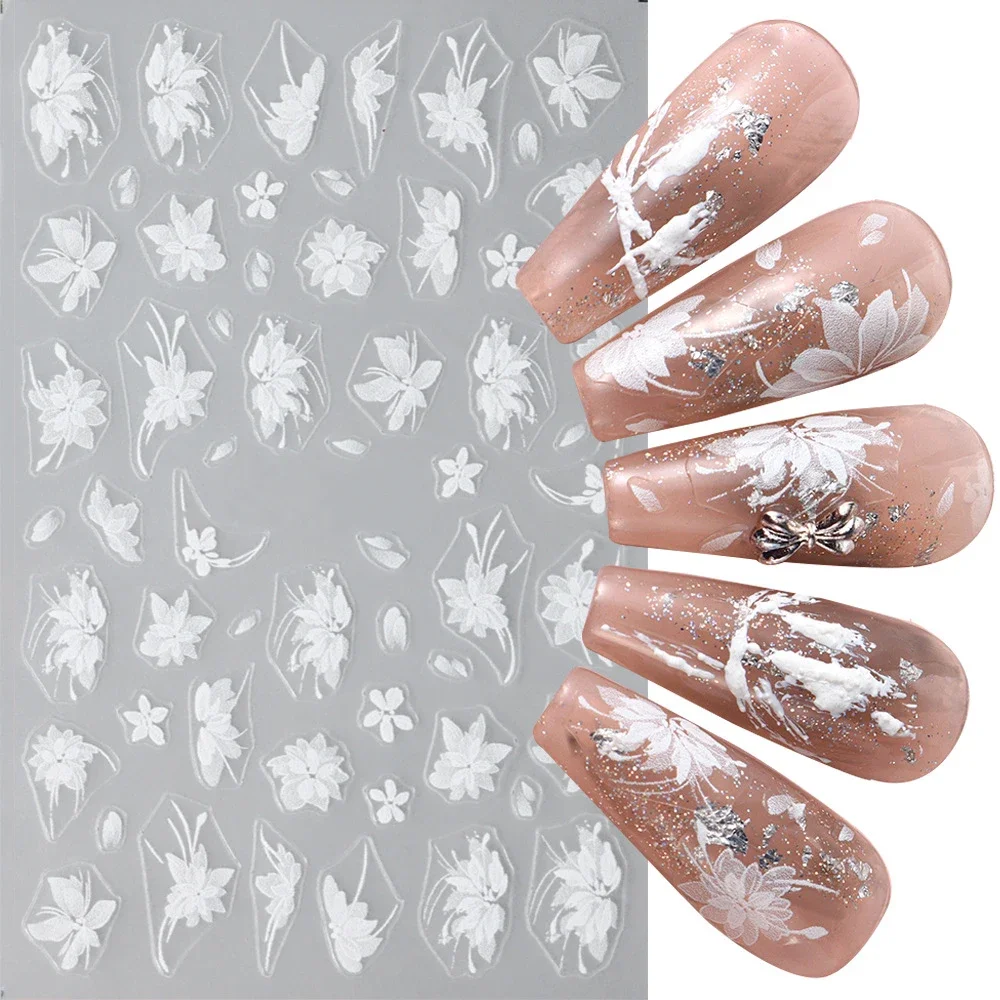 

Hepatica Nail Stickers, Holographic Laser Stylish Nail Decals, White Floral Semi-Transparent Back Adhesive Nail Art