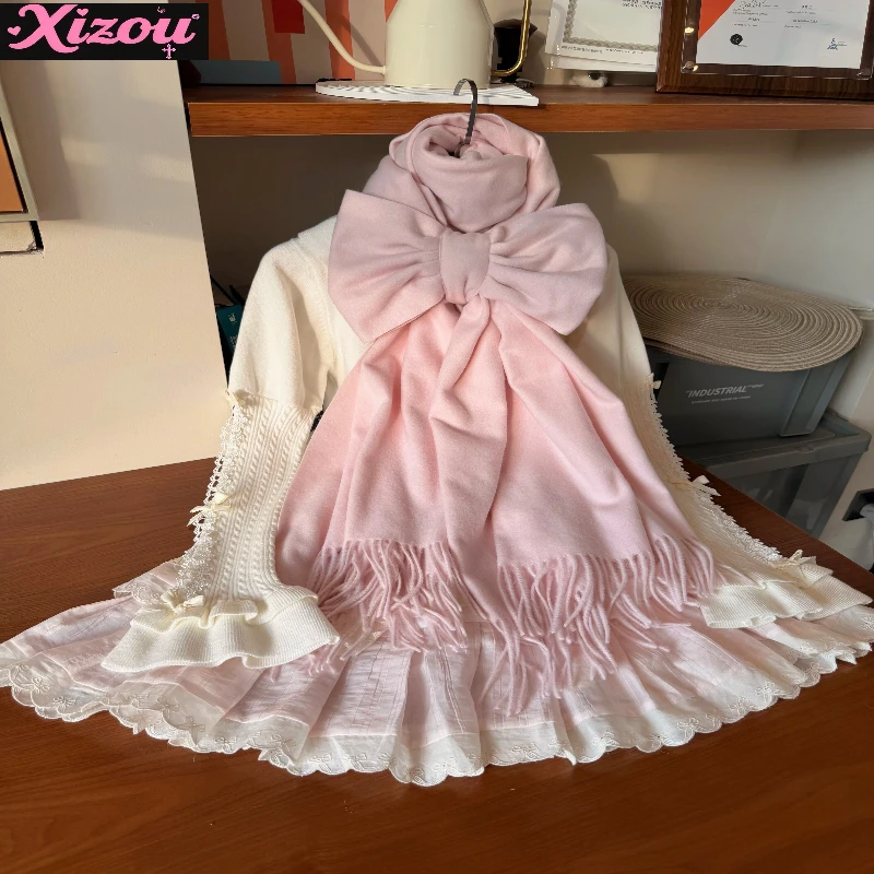 Japanese Sweet and Cute Lolita Cherry Blossom Powder Bow Scarf Hand-free Bow Autumn and Winter Warm Scarf  for Women