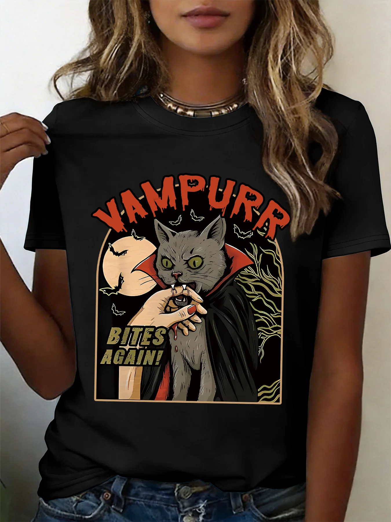 Women Crew Neck Tee Vampurr Vampire Cat Halloween Graphic Print Short Sleeve Loose Ladies Summer Cotton Plus Size Casual Top