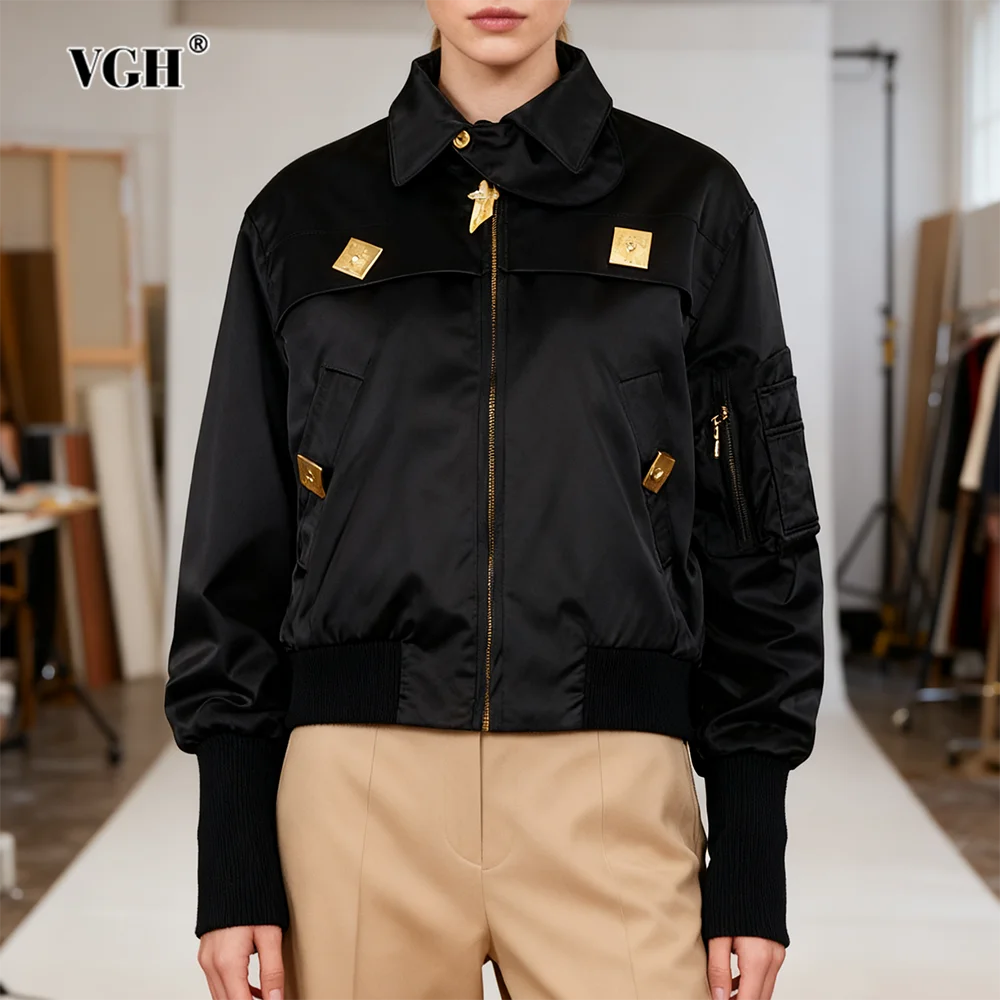 

VGH дизайнерские однотонные утягивающие куртки на молнии для женщин с лацканами и длинными рукавами, осеннее темпераментное пальто для поездок на работу, женская мода