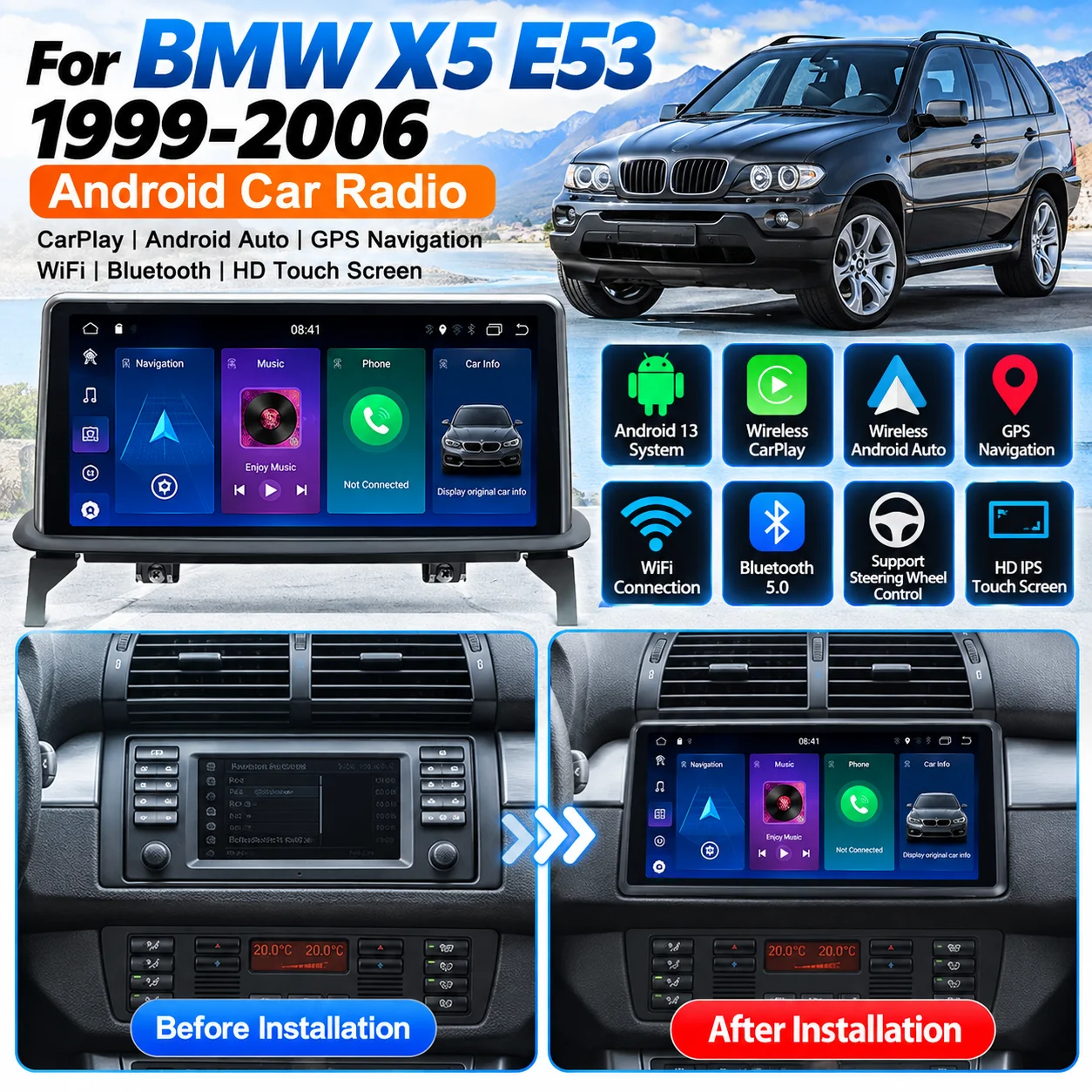 CarPlay GPS Navigation Android Car Radio Multimedia Player For BMW X5 E53 1999-2006 Stereo Head Unit