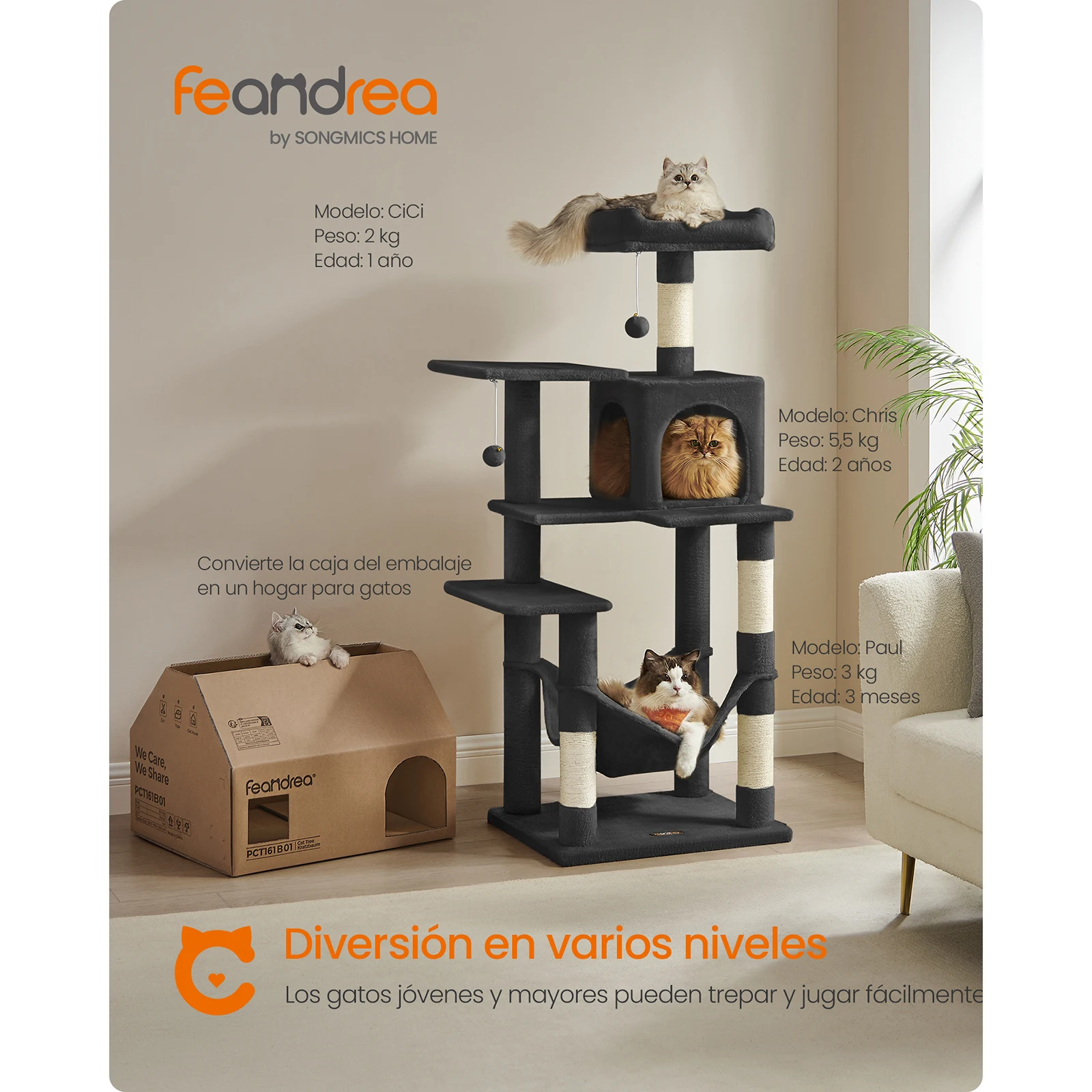 Feandrea Cat Tree: 143 cm tall with 4 scratching posts, 2 platforms, 1 cave, 1 hammock, 2 pompoms, multi-level design.