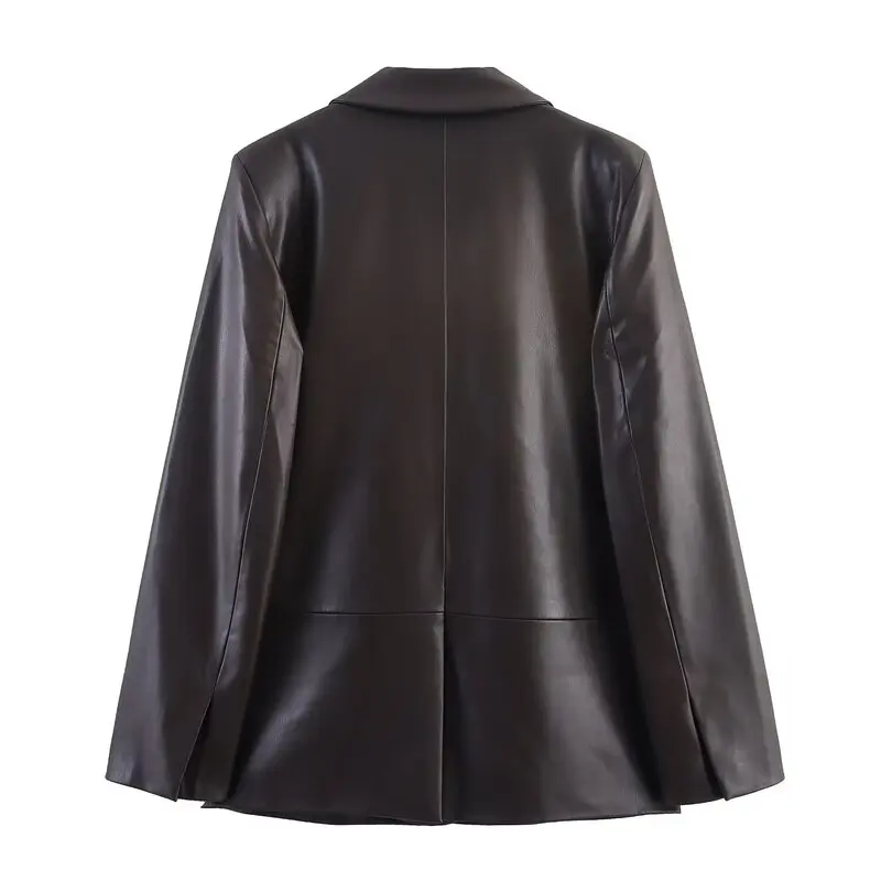 Autunno 2025 Abito effetto in pelle dritta allentata delle nuove donne Jaet Faionable Long Sve PU Leather Or Capispalla