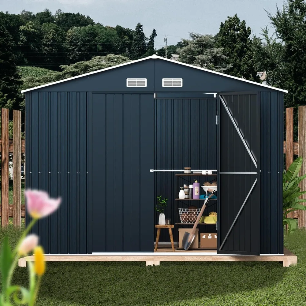 10X12X7.5 FT steel storage shed with lockable doors,2 windows, transparent roof panels, frame flooring (excluding wooden boards)