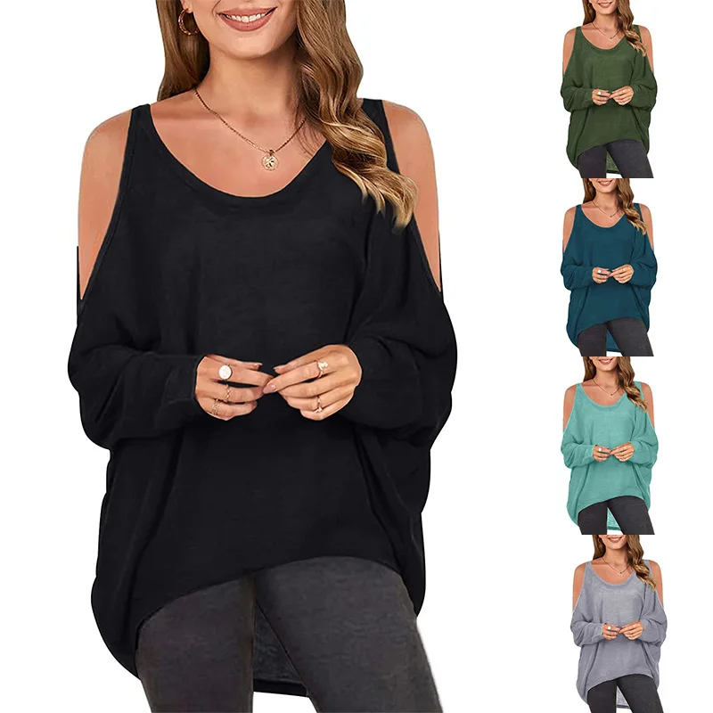 

2022 sexy off-the-shoulder round neck dolman sleeve top summer women's short-sleeved loose casual long-sleeved solid T-shirt