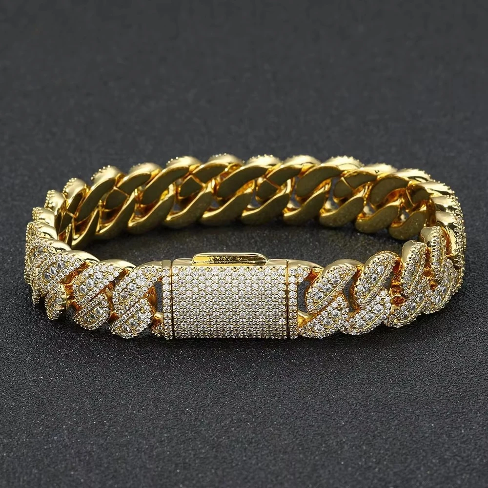 Custom Iced Out Diamond Cuban Bracelet Hip Hop Fashion Jewelry Silver Plated 14MM Miami Cuban Link Bracelet
