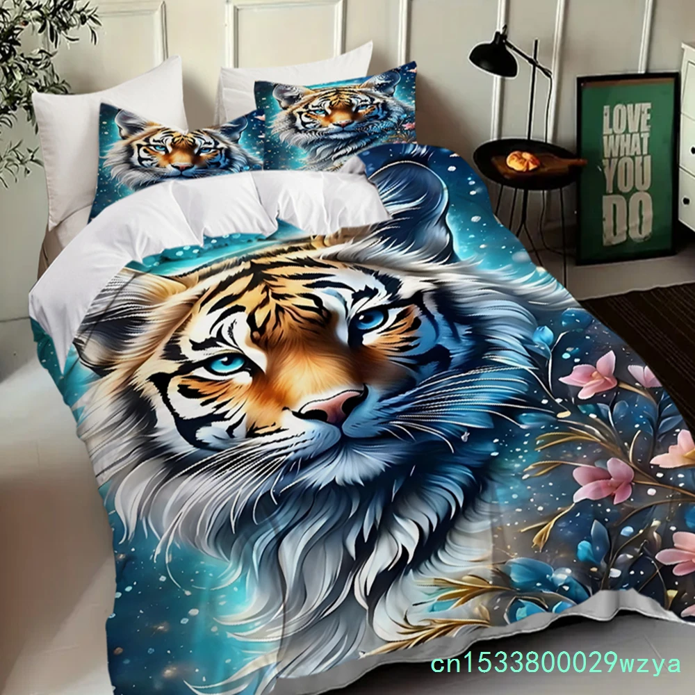 Retro Forest Tiger 3D Printed Quilt Cover Pillowcase Blue Gold Flower Bedding Set For Kids Teens Adults Wildlife Quilt Cover