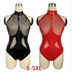 Sexy Stram pler Frauen Overall Shorts Mesh glänzend nass aussehen PVC Latex Catsuit Dame Reiß verschluss Schritt Stram pler Bodysuit Tanz sexy Clubwear