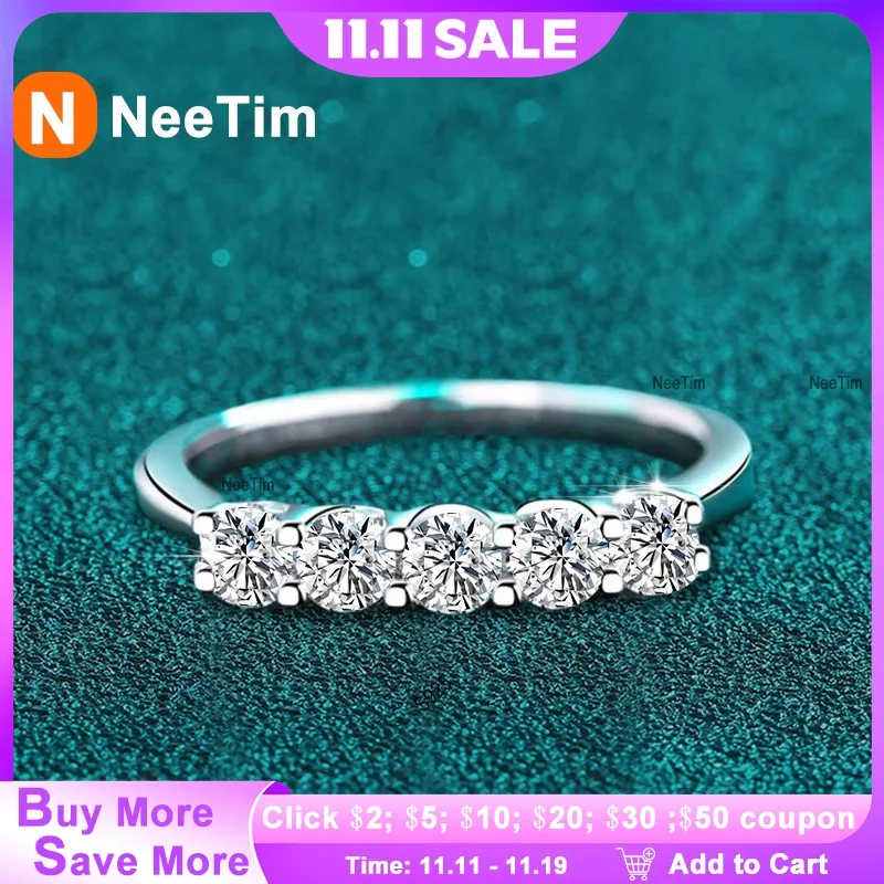 

NeeTim Full 3mm Moissanite Ring for Women S925 Sterling Silver Rings with White Gold Plated 5 Stone Lab Diamond Wedding Band